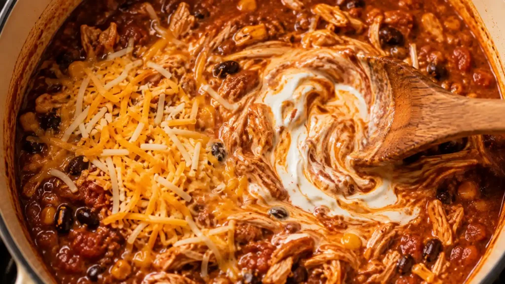 Shredded chicken and a swirl of cream stirred into chicken enchilada chili