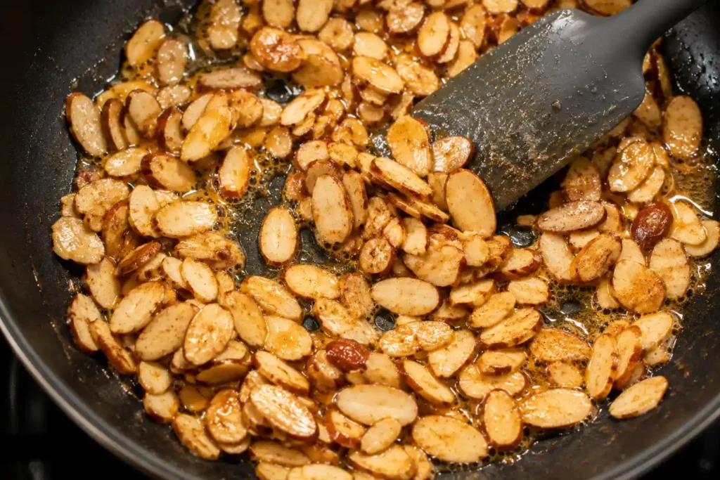 Sliced almonds candying with cinnamon sugar in a skillet for the berry salad