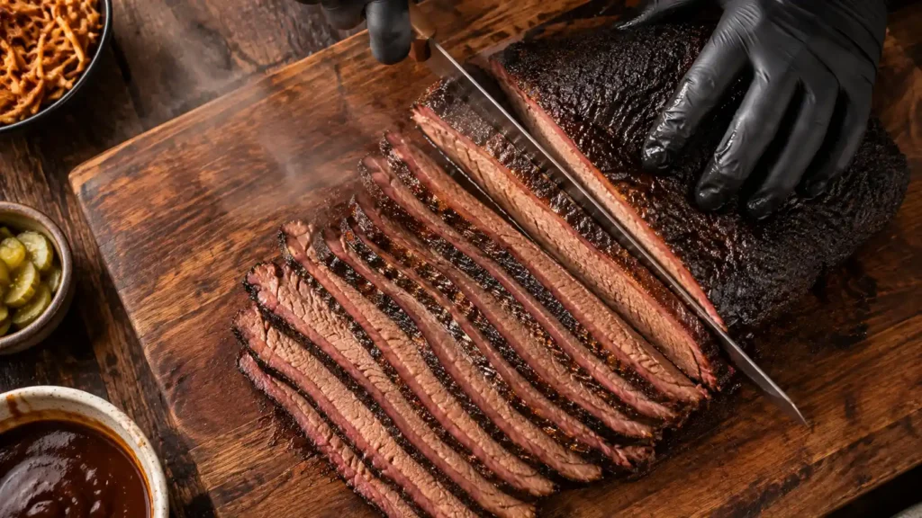 Slicing rested Ninja Woodfire brisket across the grain into pencil-thick strips.