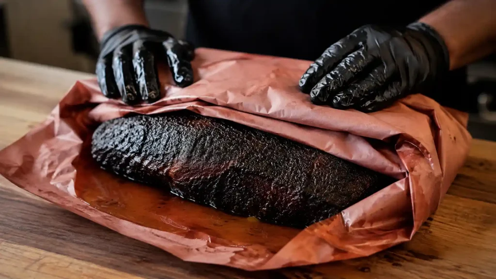 Smoked brisket wrapped in butcher paper with tallow before the final Woodfire cook.