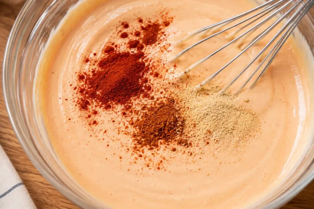 Smoked paprika, cayenne, and garlic powder being added to bloomin onion sauce in a bowl