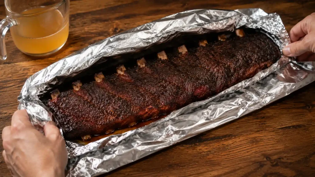 Smoked ribs wrapped in foil with apple juice to steam tender in the Woodfire