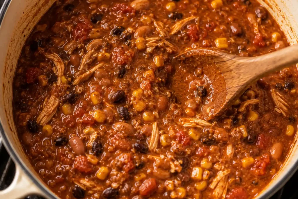 Thickened chicken enchilada chili being stirred to a hearty consistency
