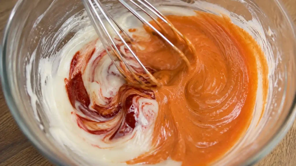 Tomato paste whisked smooth into mayonnaise for homemade zax sauce