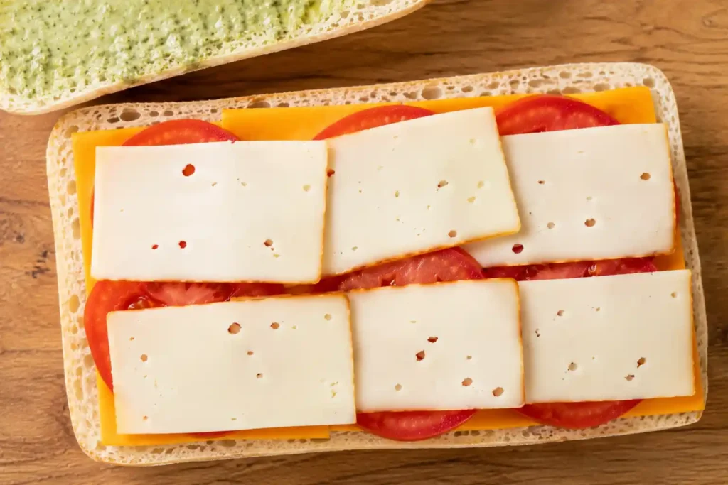 Zupas grilled cheese sandwich assembled with cheddar, muenster, and tomato slices