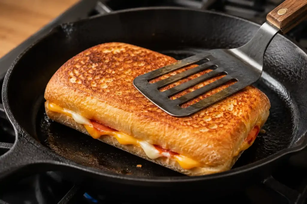Zupas grilled cheese sandwich grilling golden brown in a skillet