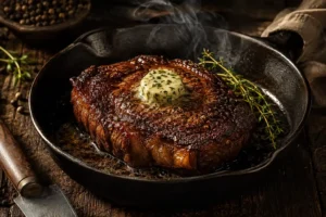 Seared ribeye steak with melting herb butter in a cast iron skillet