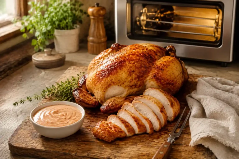 Golden rotisserie chicken carved on a board beside a countertop rotisserie oven