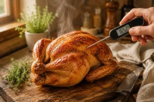 Digital meat thermometer checking the temperature of a roasted whole chicken