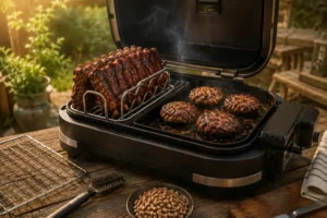 Outdoor electric grill with ribs and burgers cooking on grill accessories