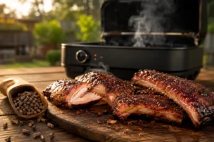 Smoked chicken and ribs beside a scoop of wood pellets for a Ninja Woodfire grill